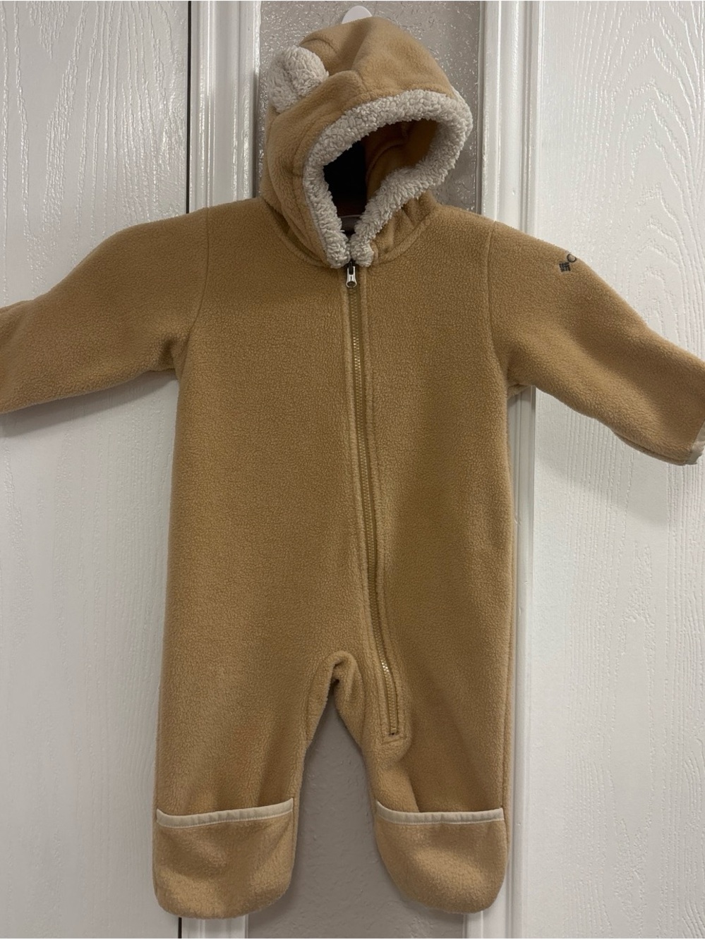 Neutral Camel Fleece Hooded Baby One-Piece